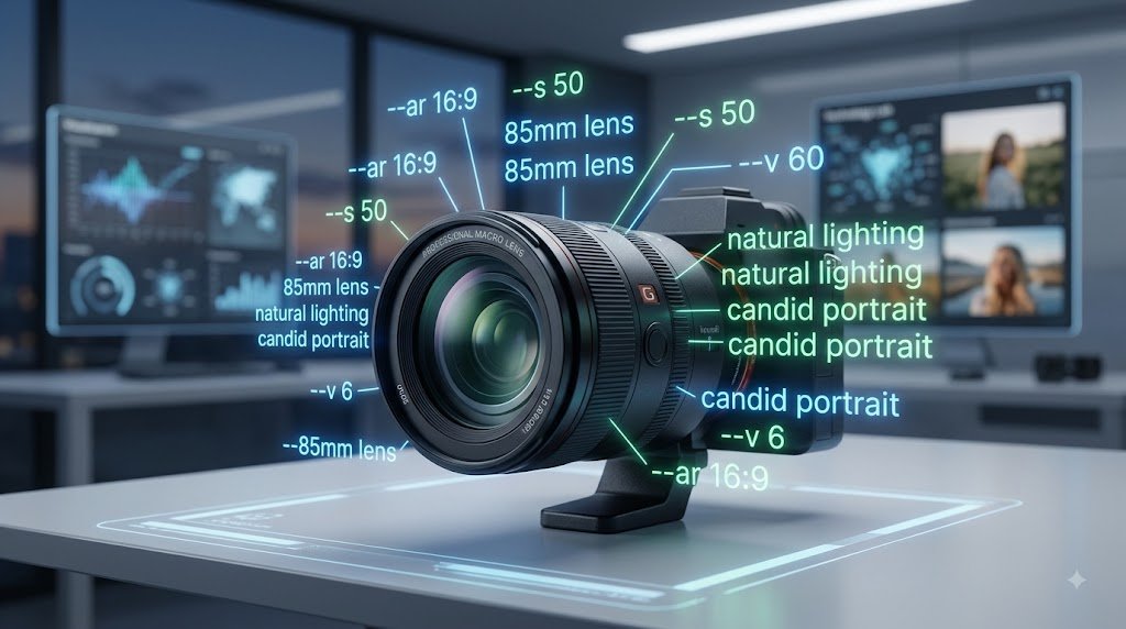 Holographic AI prompt data projected from a professional macro camera lens, visualizing photorealistic parameters like '--ar 16:9' and '--s 50