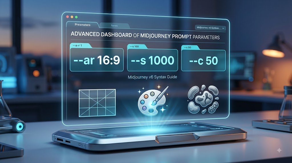 Authoritative holographic interface showing Midjourney v6 parameter syntax: --ar 16:9, --s 1000, --c 50
