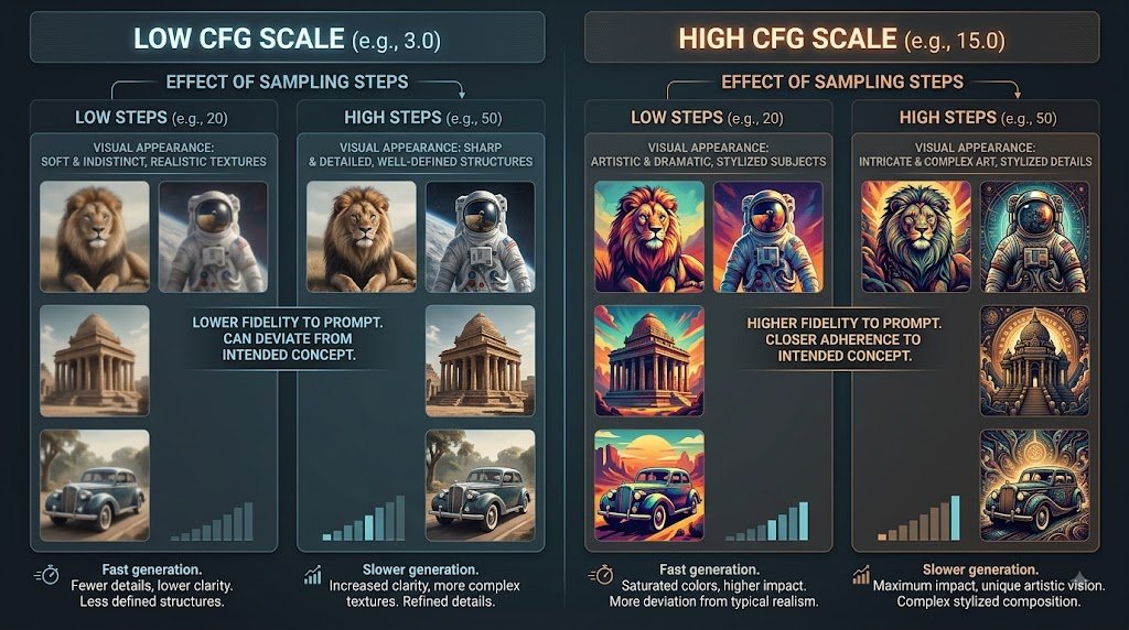 Infographic diagram comparing Stable Diffusion XL CFG scale levels and sampling step effects on a dark UI interface.